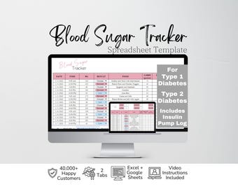 May include: A digital blood sugar tracker spreadsheet template displayed on a computer monitor and a smaller laptop screen. The interface features columns for date, time, blood glucose, result, food, and carbs. Text includes Blood Sugar Tracker.