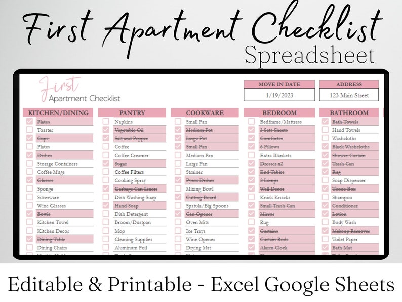 First Apartment Checklist Template Excel Spreadsheet Our Etsy