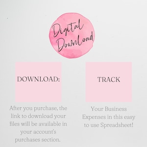 Pode incluir: Gr&aacute;fico de download digital com um c&iacute;rculo rosa em aquarela que diz "Digital Download". Abaixo est&atilde;o dois ret&acirc;ngulos rosa com as palavras "DOWNLOAD:" e "TRACK". O texto explica como baixar e rastrear despesas comerciais.