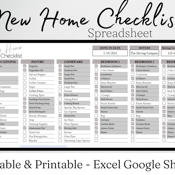 New Home Checklist Excel Etsy