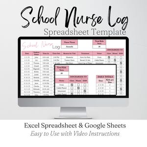 Może przedstawiać: Monitor komputera wyświetla różowo-biały "Szablon arkusza kalkulacyjnego dziennika pielęgniarki szkolnej". Arkusz kalkulacyjny zawiera pola dla imienia i nazwiska ucznia, czasu wejścia/wyjścia, powodu wizyty i sum dziennych.