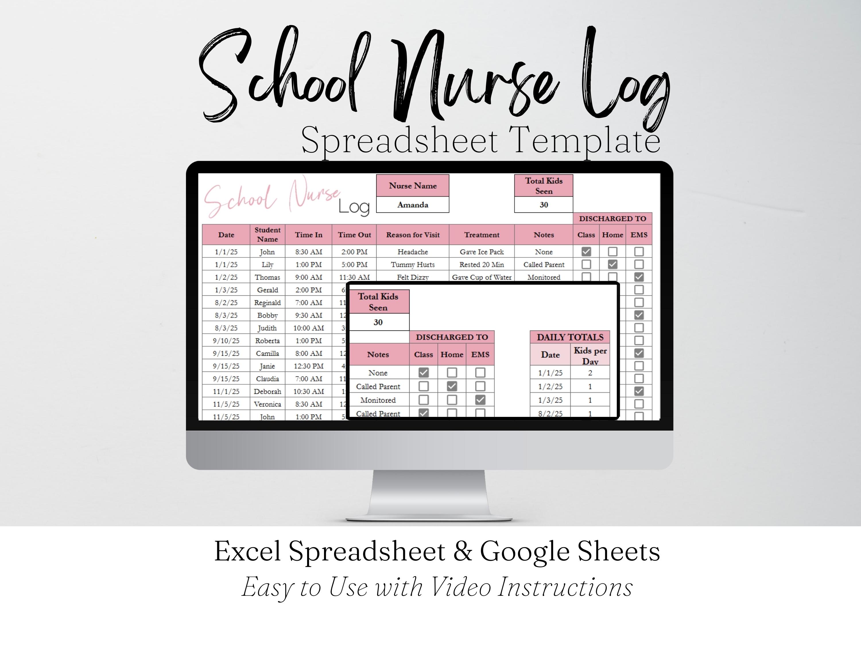 School Nurse Log Template, School Clinic Visit Log Google Sheets, Daily ...