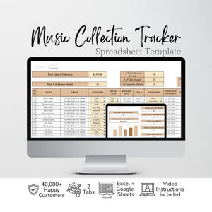 May include: A digital music collection tracker spreadsheet template displayed on a computer monitor. The interface features tan and white data tables for tracking artists, albums, categories, and media types, with a smaller window showing a bar chart.