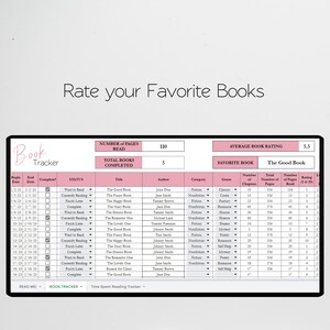 Op de afbeelding: Een roze en witte boektracker-spreadsheet met de titel "Rate your Favorite Books". De spreadsheet bevat kolommen voor boektitel, auteur, categorie, genre, aantal hoofdstukken, totaal aantal pagina's, aantal gelezen pagina's en beoordeling. De spreadsheet bevat ook een sectie voor het favoriete boek, dat "The Good Book" is.