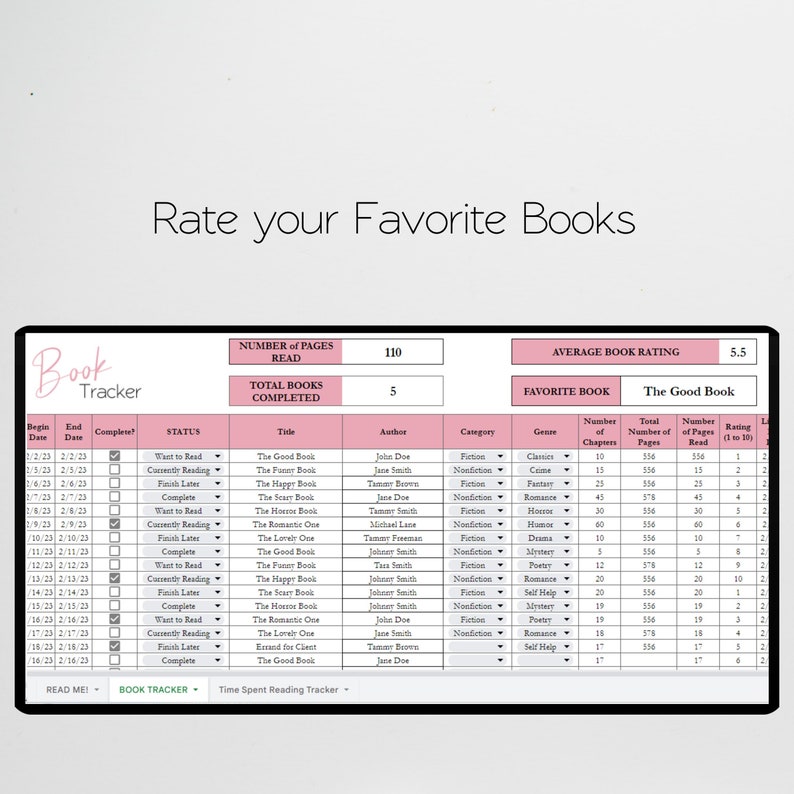 Op de afbeelding: Een roze en witte boektracker-spreadsheet met de titel "Rate your Favorite Books". De spreadsheet bevat kolommen voor boektitel, auteur, categorie, genre, aantal hoofdstukken, totaal aantal pagina's, aantal gelezen pagina's en beoordeling. De spreadsheet bevat ook een sectie voor het favoriete boek, dat "The Good Book" is.