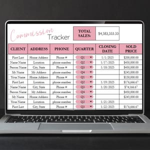 May include: A laptop screen shows a commission tracker spreadsheet. The pink and white table includes columns for client, address, phone, quarter, closing date, and sold price. Total sales are &pound;3,666,666.66.
