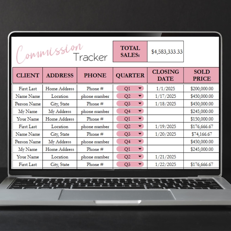 May include: A laptop screen shows a commission tracker spreadsheet. The pink and white table includes columns for client, address, phone, quarter, closing date, and sold price. Total sales are &pound;3,666,666.66.