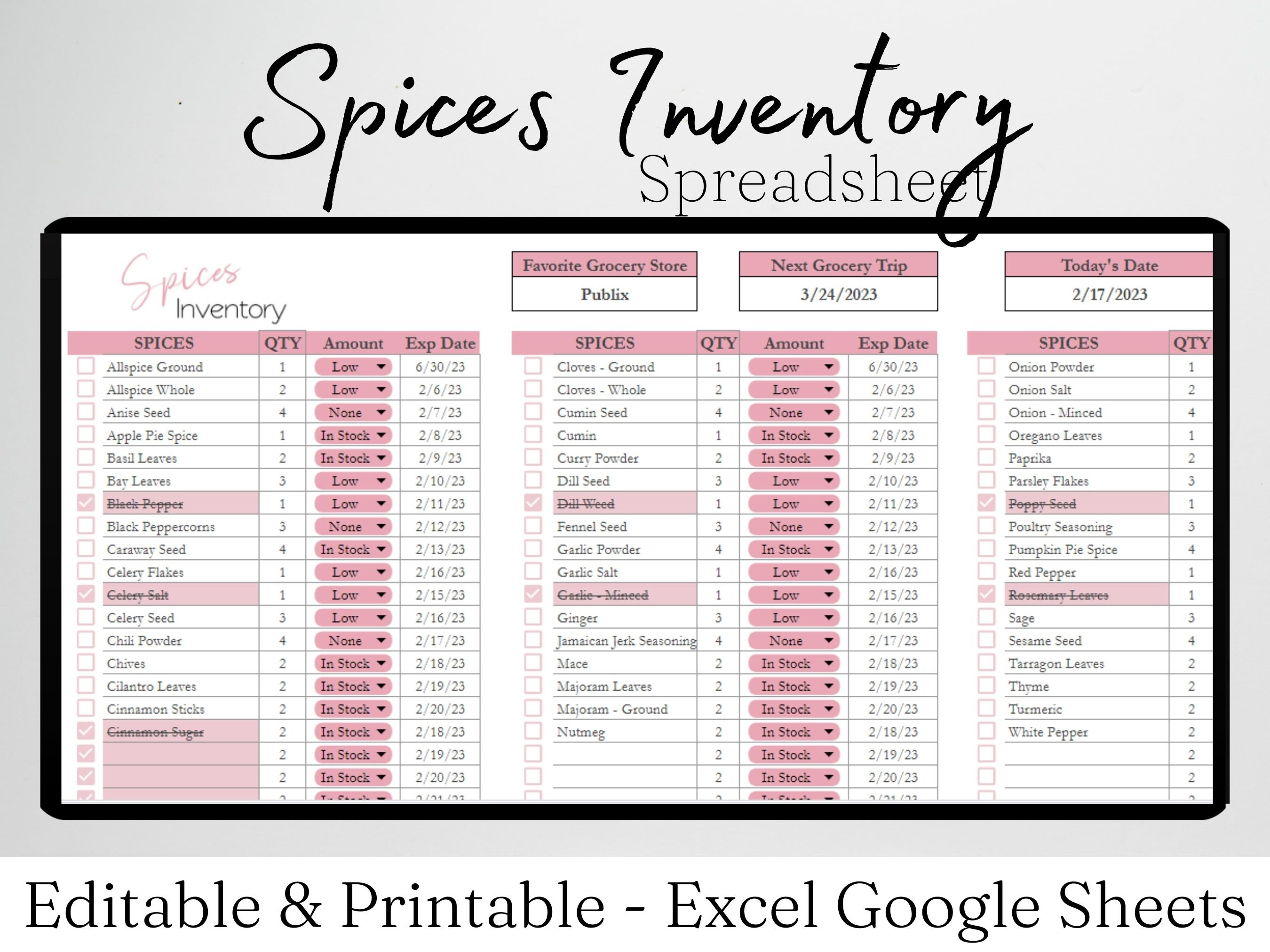 Spices Inventory List, Pantry Inventory Spreadsheet, Spice Inventory