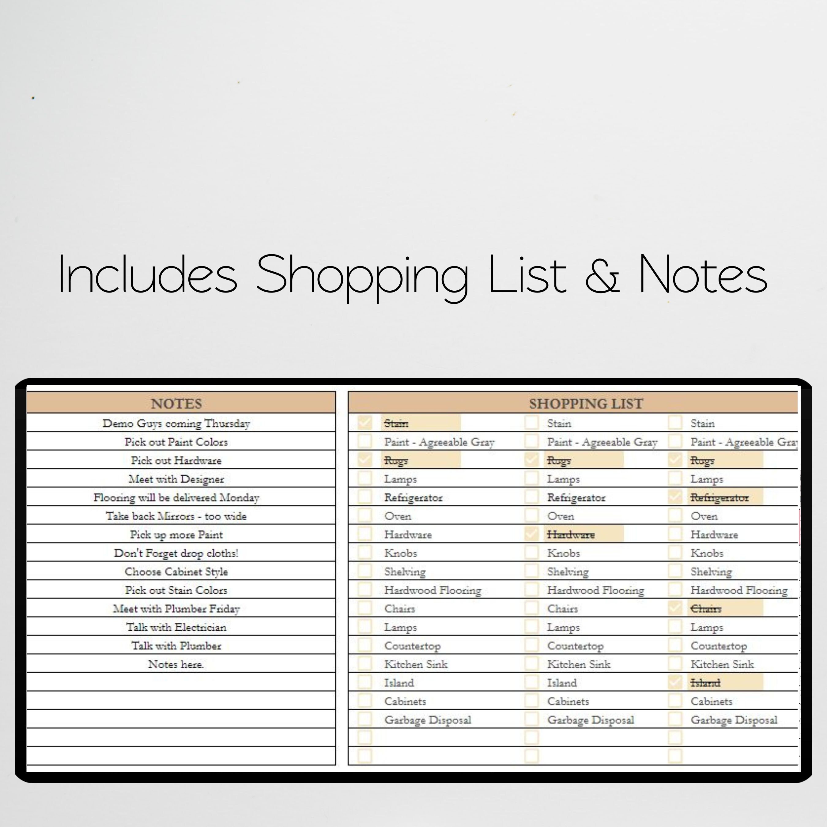 Home Renovation Spreadsheet, Home Remodel Checklist, Kitchen Renovation ...