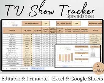 TV Show Tracker Excel Spreadsheet, TV Shows Tracking Google Sheets, Episode Tracker, TV Journal, Series Tracker, Episode Watch List Digital