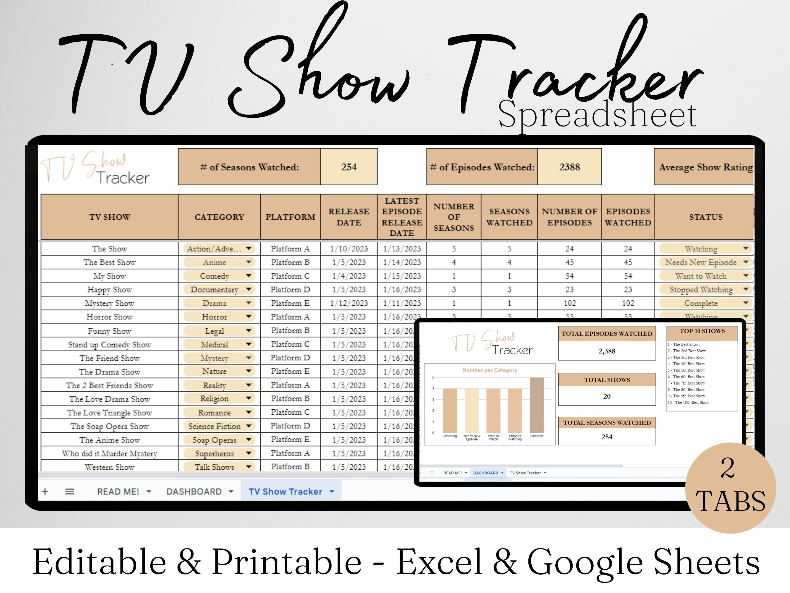 TV Show Tracker Excel Spreadsheet, TV Shows Tracking Google Sheets