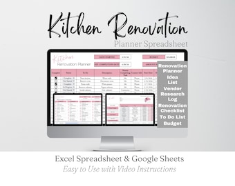 Kitchen Remodel Planner | Renovation Budget | Project Tracker | Google Sheets & Excel Spreadsheet Template
