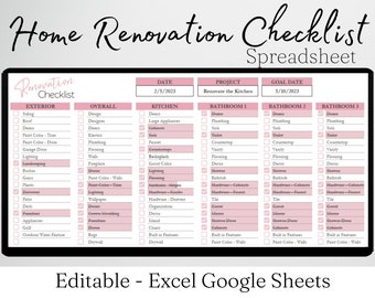 Home Renovation Checklist, Home Renovation Spreadsheet, Remodel Checklist, Kitchen Remodel, Bathroom Remodel, Interior Design Excel Google