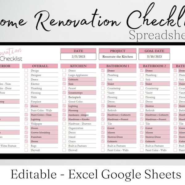 Home Renovation Checklist, Home Renovation Spreadsheet, Remodel Checklist, Kitchen Remodel, Bathroom Remodel, Interior Design Excel Google