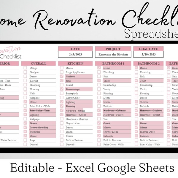 Bathroom Remodel Checklist Excel Etsy