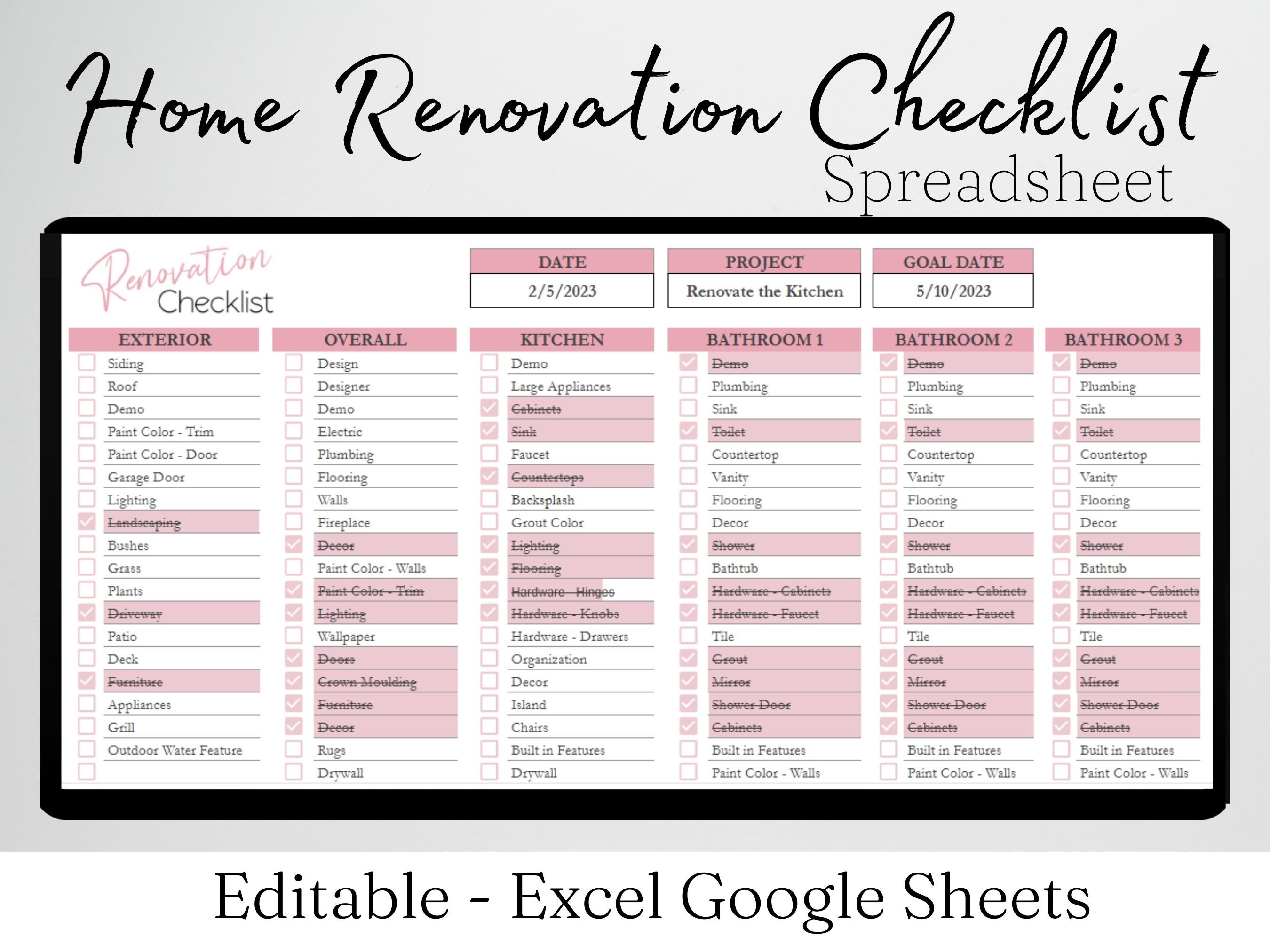 Home Renovation Checklist, Home Renovation Spreadsheet, Remodel