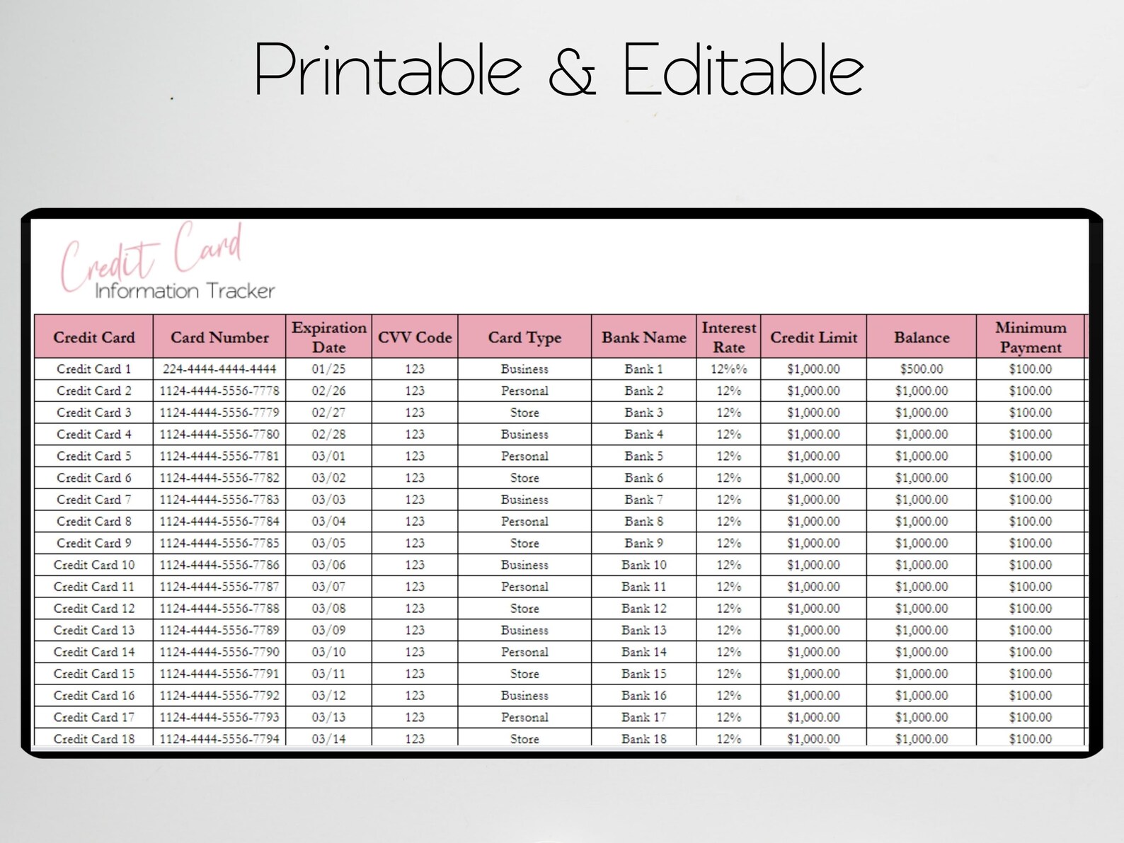 Credit Card Information Excel Spreadsheet, Credit Card Log Google ...