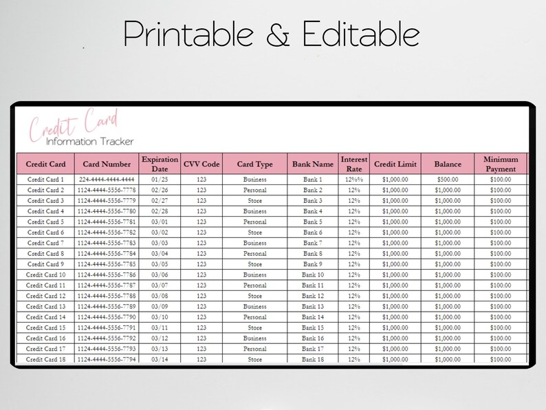 Credit Card Information Excel Spreadsheet, Credit Card Log Google ...