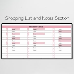 Pode incluir: Um modelo retangular de lista de compras com uma borda preta e um cabe&ccedil;alho rosa rotulado como SHOPPING LIST. O documento apresenta tr&ecirc;s colunas de caixas de sele&ccedil;&atilde;o e linhas para itens, com algumas linhas destacadas em rosa.