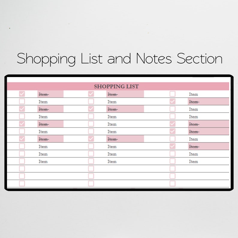 Pode incluir: Um modelo retangular de lista de compras com uma borda preta e um cabe&ccedil;alho rosa rotulado como SHOPPING LIST. O documento apresenta tr&ecirc;s colunas de caixas de sele&ccedil;&atilde;o e linhas para itens, com algumas linhas destacadas em rosa.