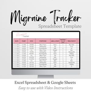 Migraine Tracker Excel Spreadsheet, Chronic Migraine Log Template Google Sheets, Headache Log, Headache Tracker, Migraine Journal, Pain Log