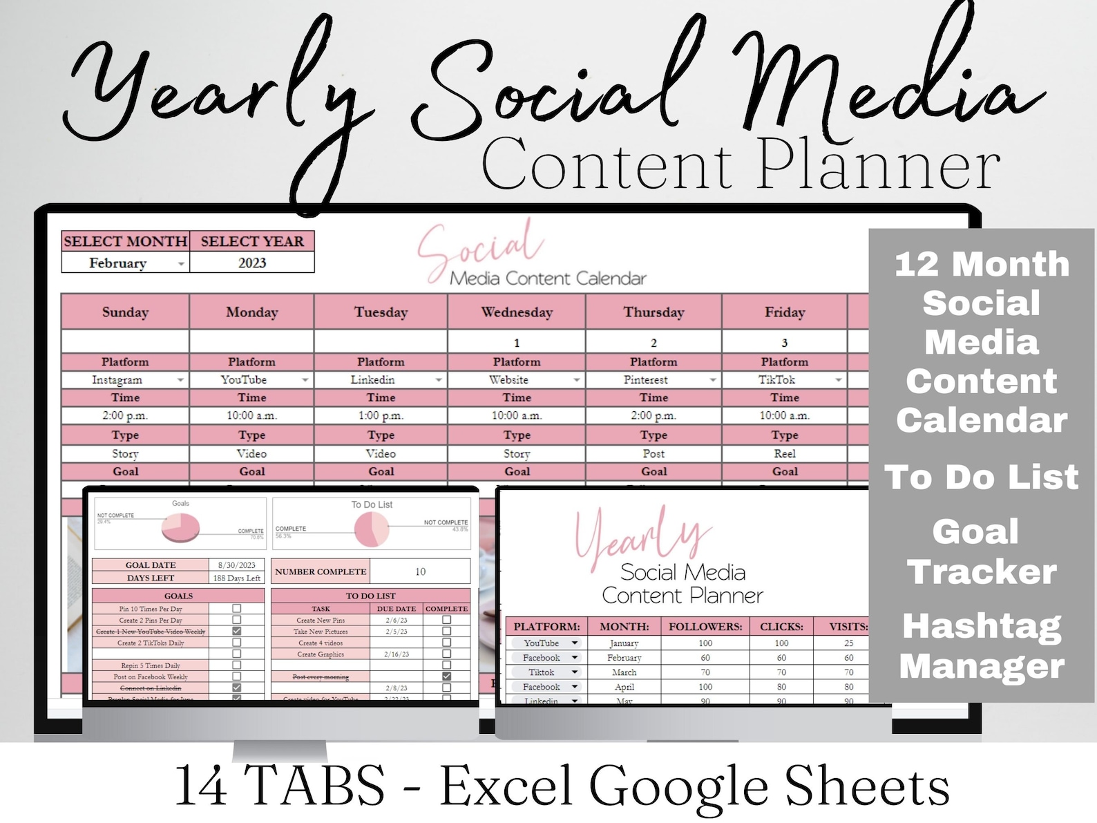 Yearly Social Media Planner, Social Media Content Calendar Template
