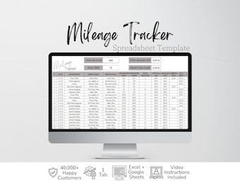 Pode incluir: Um monitor de computador exibindo um modelo de planilha de rastreamento de quilometragem com colunas para data, descrição, locais, leituras do hodômetro e custos. A tela mostra totais e ícones para Excel e Google Sheets.