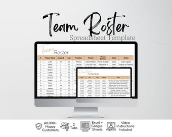 Plantilla de lista de equipo en Google Sheets, plantilla de equipo deportivo juvenil en Google Sheets, alineación de jugadores de béisbol, sóftbol, fútbol americano, baloncesto y fútbol.