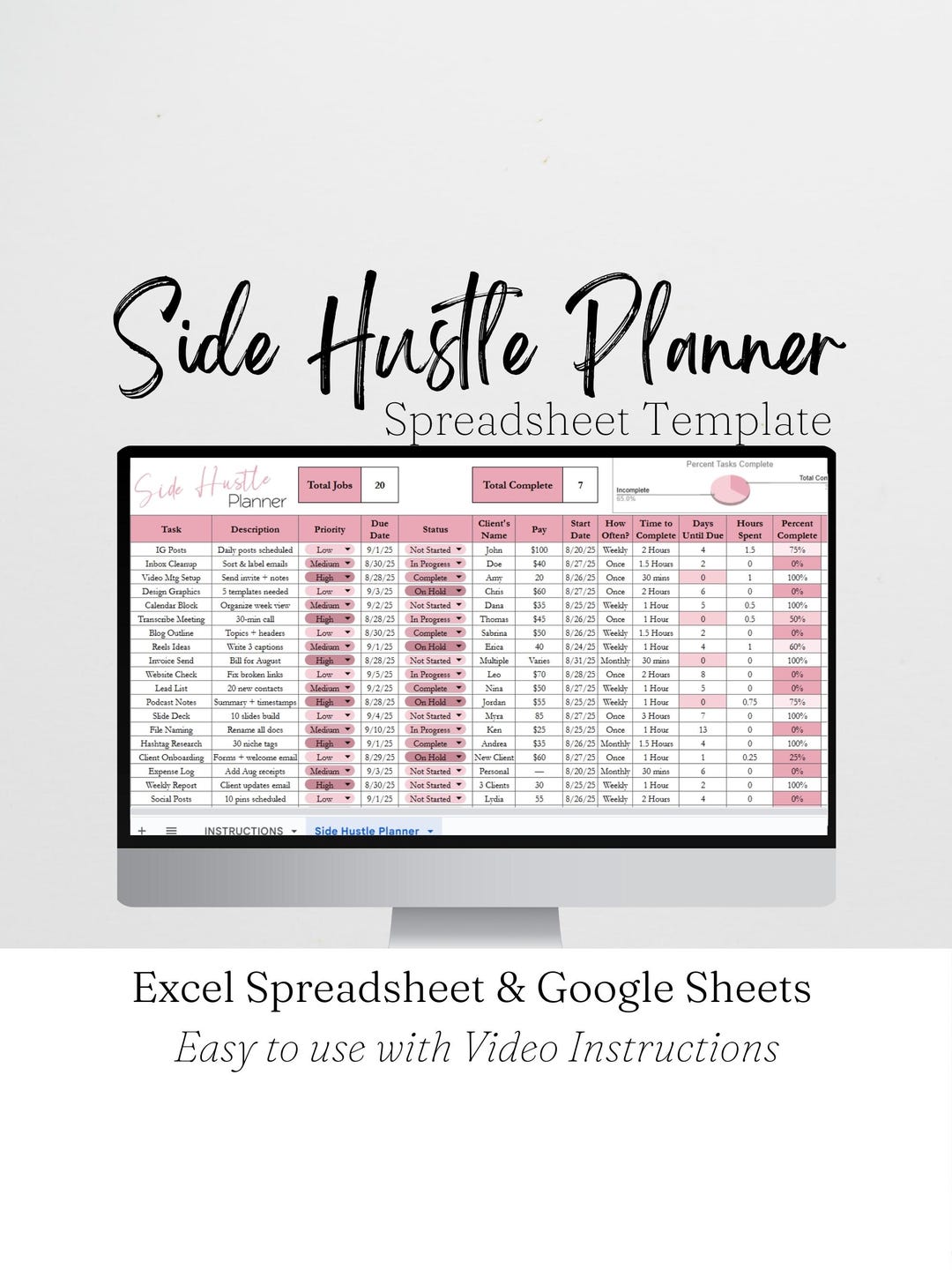 Side Hustle Planner Spreadsheet Template Google Sheets, Income Tracker
