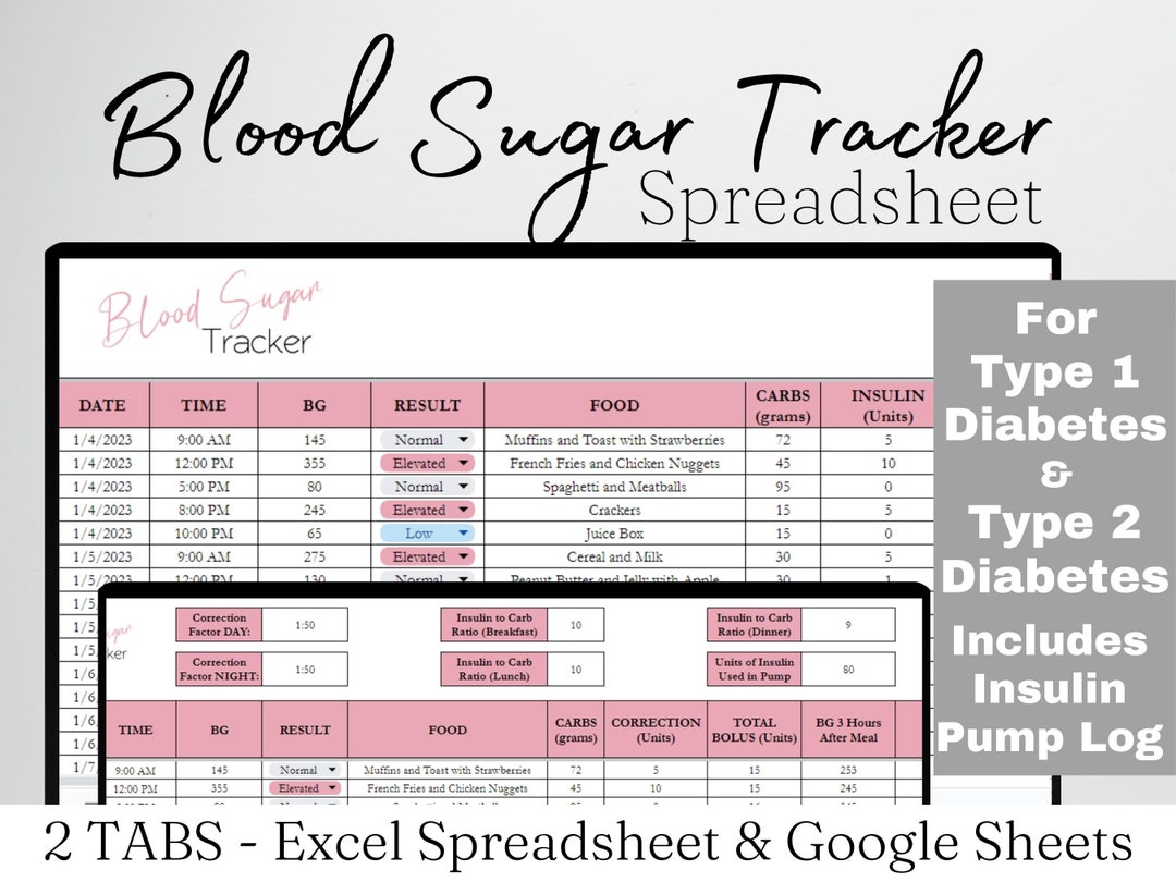 Blood Sugar Tracker Excel Spreadsheet Template, Type 1 Diabetes Tracker
