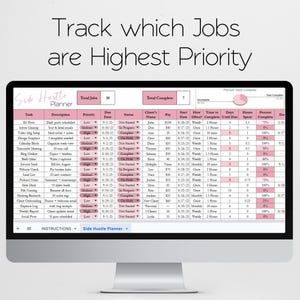 Może przedstawiać: Cyfrowy planer na ekranie komputera, zatytułowany "Side Hustle Planner", wyświetla szczeg&oacute;łową listę zadań z opisami, terminami i statusami. Układ arkusza kalkulacyjnego śledzi priorytety zadań, nazwiska klient&oacute;w i szczeg&oacute;ły płatności.