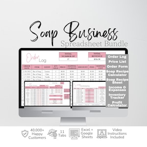May include: A digital Soap Business Spreadsheet Bundle displayed on a computer monitor, featuring an order log with pink headers. The bundle includes an order log, price list, order form, recipe calculator, recipe sheet, income, expenses, and inventory tracker.