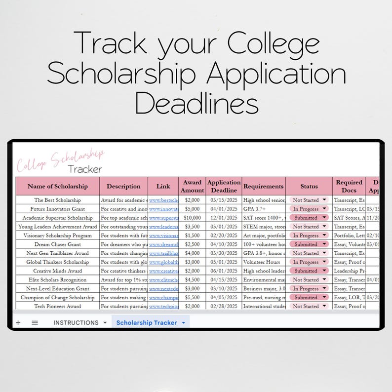 Puede incluir: Una tabla rosa y blanca con una lista de becas universitarias, sus descripciones, fechas l&iacute;mite y requisitos. La tabla se titula "College Scholarship Tracker".