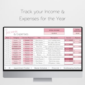 May include: A computer screen shows a spreadsheet labelled "Income & Expenses" with financial data for the year. The spreadsheet has columns for date, category, income/expense, title, description, income, and expense. Total income is &pound;3,200.00 and total expenses are &pound;53.00.