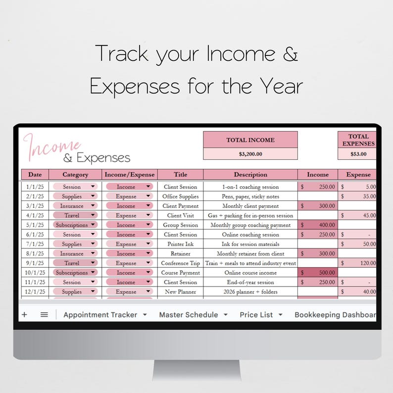 May include: A computer screen shows a spreadsheet labelled "Income & Expenses" with financial data for the year. The spreadsheet has columns for date, category, income/expense, title, description, income, and expense. Total income is &pound;3,200.00 and total expenses are &pound;53.00.