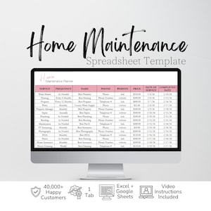 May include: A computer monitor displaying a Home Maintenance Spreadsheet Template with columns for service, frequency, name, phone, website, price, date of service, and completed date. Below are icons for 40,000+ happy customers, 1 tab, Excel and Google Sheets.