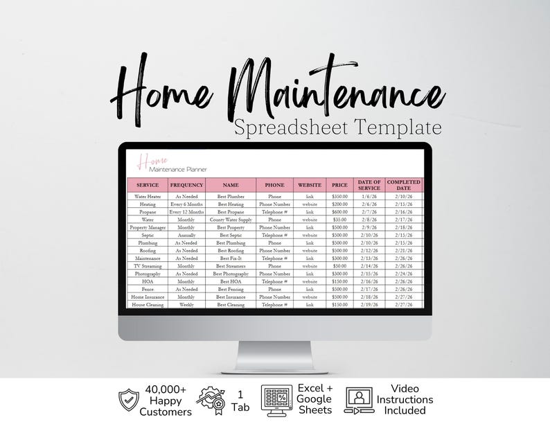 May include: A computer monitor displaying a Home Maintenance Spreadsheet Template with columns for service, frequency, name, phone, website, price, date of service, and completed date. Below are icons for 40,000+ happy customers, 1 tab, Excel and Google Sheets.