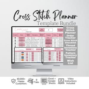 Op de afbeelding: Een digitaal kruissteekplanner-sjabloonpakket weergegeven op een computermonitor. De interface bevat roze en witte spreadsheets voor het bijhouden van projecten, garenvoorraad en patronen. Tekst bevat Cross Stitch Planner, Order Tracker, Checklist en Wish List.