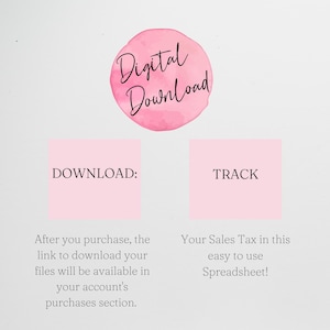 May include: Pink graphic with the text "Digital Download" in black. Two pink boxes with the text "DOWNLOAD:" and "TRACK" in black. Text below the boxes explains how to download digital files and track sales tax.