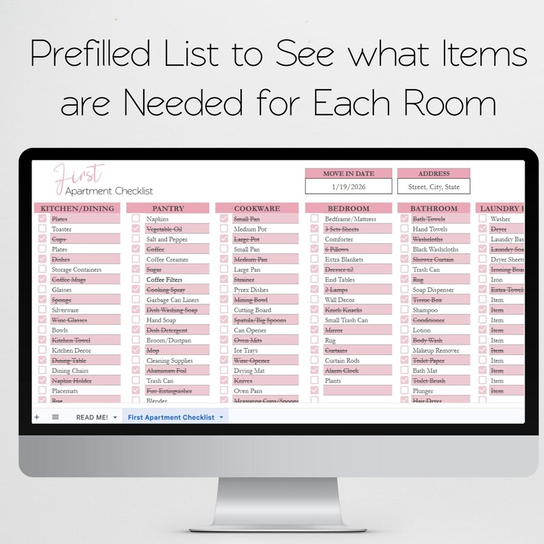 First Apartment Checklist Template Excel Spreadsheet, Our First Apartment Planner Google Sheets, Furniture Inventory, College Apartment List image 8