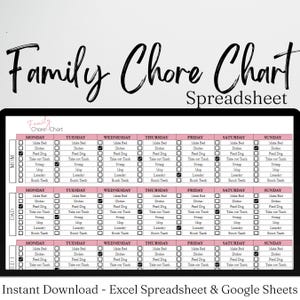 Spreadsheet met takenschema, wekelijkse checklist met takenlijst, bewerkbaar schema met gezinstaken, takenschema voor volwassenen Google Spreadsheets