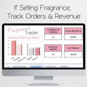 May include: A computer monitor displaying a "Fragrance Tracker" dashboard. The screen shows order and revenue data, including a bar graph and numerical summaries for orders, revenue, and profit. Text at the top reads "If Selling Fragrance, Track Orders & Revenue."