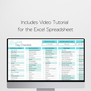 May include: A digital moving day checklist displayed on a computer monitor. The spreadsheet features columns for survival items, necessities, household goods, and preparation tasks, with text stating Includes Video Tutorial for the Excel Spreadsheet.