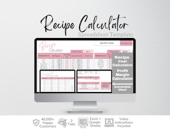 Recipe Calculator, Recipe Cost Calculator Google Sheets, Recipe Template, Bakery Business Template, Profit Calculator Excel Spreadsheet
