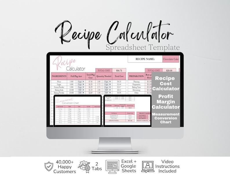 May include: A digital recipe calculator spreadsheet template displayed on a computer monitor. The interface features columns for ingredients, costs, and preparation time, with text including Recipe Calculator, Recipe Cost Calculator, Profit Margin Calculator, and Measurement Conversion Chart.