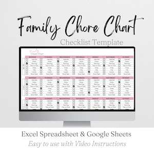 Chore Chart Spreadsheet, Weekly Checklist, Family Chores Editable for Adults Google Sheets