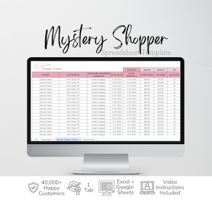 以下が含まれることがあります： Mystery Shopperスプレッドシートテンプレートを表示するコンピュータモニター。ピンクのヘッダーと、店舗、場所、会社、日付、経費、収入、走行距離の列があります。画面下のアイコンは、ExcelとGoogleスプレッドシートの互換性、およびビデオ説明書が含まれていることを示しています。