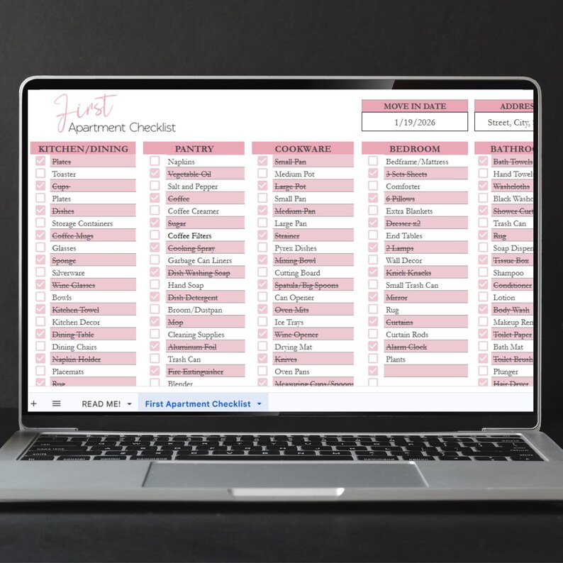 First Apartment Checklist Template Excel Spreadsheet, Our First Apartment Planner Google Sheets, Furniture Inventory, College Apartment List image 10