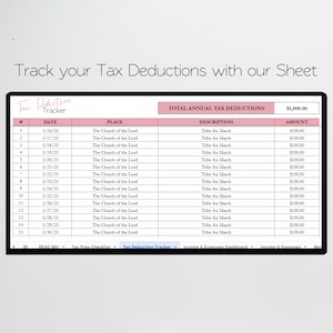 May include: A pink and white printable tax deduction tracker sheet with a table listing dates, places, descriptions, and amounts. The table is titled "Total Annual Tax Deductions" and the total amount is $1,800.00. The sheet is titled "Tax Deduction Tracker".