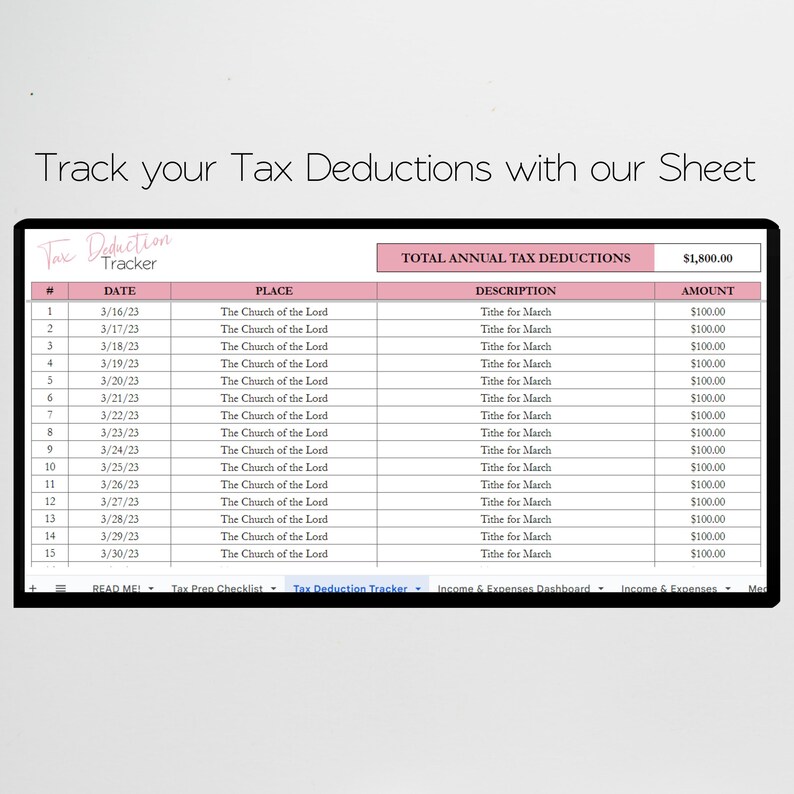 May include: A pink and white printable tax deduction tracker sheet with a table listing dates, places, descriptions, and amounts. The table is titled "Total Annual Tax Deductions" and the total amount is $1,800.00. The sheet is titled "Tax Deduction Tracker".